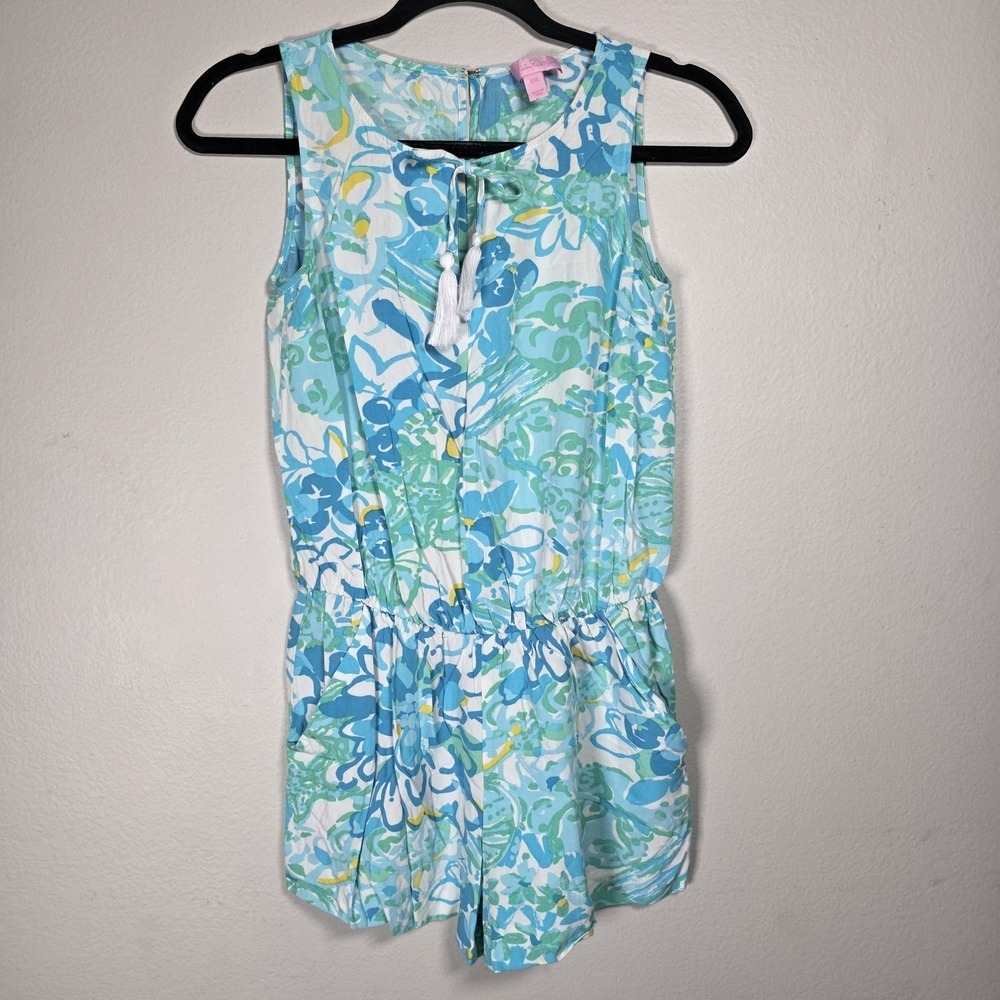 Lilly Pulitzer Tybee In A Pinch Blue Sleeveless Tassel Tie Short Romper XXS - Picture 2 of 14